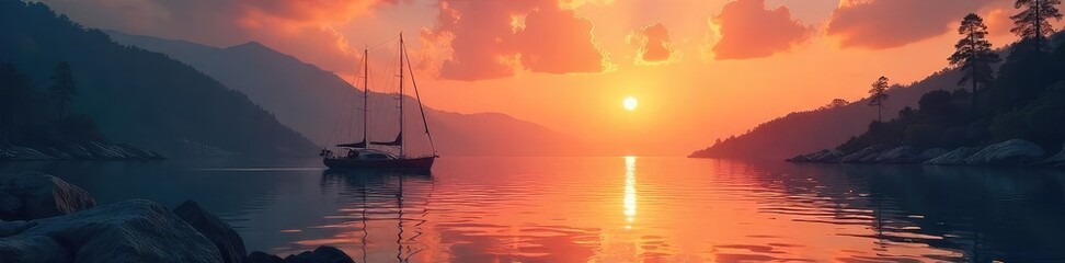 Fototapeta premium Serene sunrise over calm waters, sailboat gently rocking at anchor in a secluded bay Perfect for nautical, travel, and relaxation themes , water, light