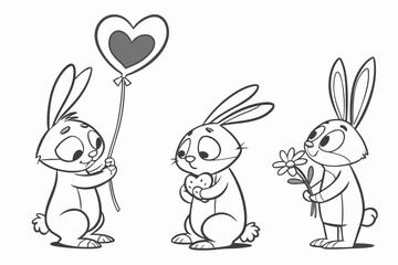 Fototapeta premium Three adorable cartoon bunnies with a heart balloon and flowers