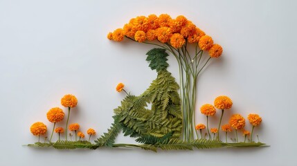 Seated figure under a marigold tree surrounded by vibrant greenery