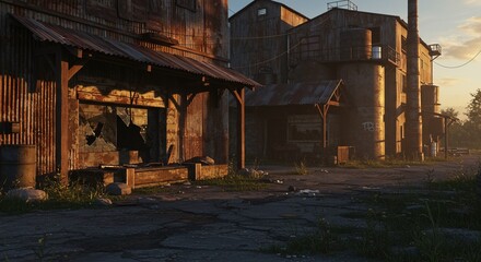 Fototapeta premium Dramatic industrial landscape with rustic buildings bathed in warm golden sunset light