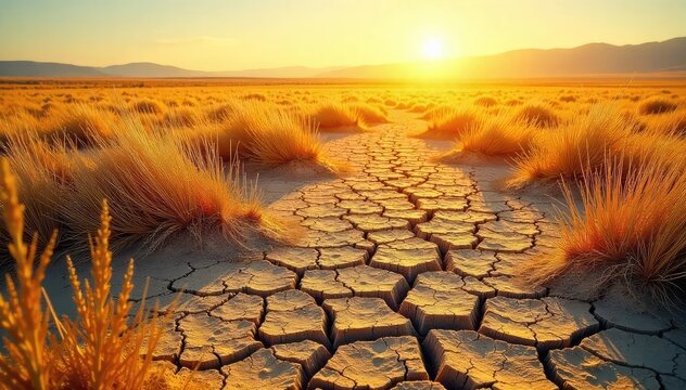 Sun-baked earth cracks spiderweb across a parched field under the intense summer sun Dry grasses bend in the heat haze, a quintessential image of summer drought , crack, grasses