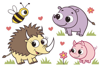 Cute cartoon animals including a bee rhino hippo and piglet