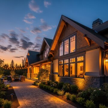 Beautiful Home Exterior with Twilight Sky and Lush Landscape at Dusk