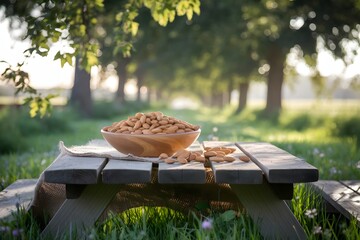 Fresh Dry Almonds In White Bowl on Outdoor Background