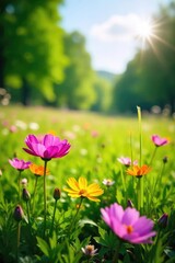 Obraz premium Vibrant wildflowers in full bloom across a lush green meadow bathed in the warm sunlight of spring, perfect for a relaxing picnic or nature walk , scenery, green
