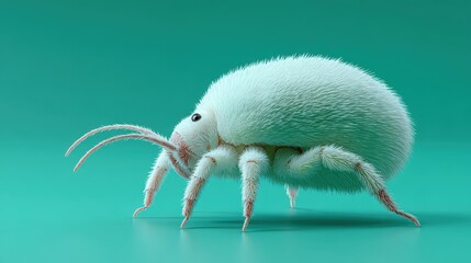 Fluffy dust mite model magnified on mint-green background symbolizes allergy awareness