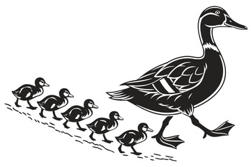 Mother duck and ducklings walking in a line