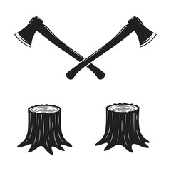 Crossed Axes Above Two Tree Stumps A Rustic Lumberjack or Forestry Symbol