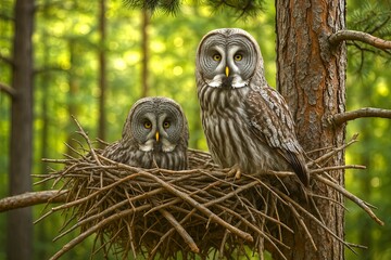 Majestic Great Grey Owls in Nest, Serene Forest Setting, Wildlife Photography