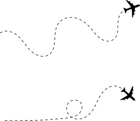 Airplane line path icon of air plane flight route with start point and dash dotted line trace. Love travel route. Airplane routes. Travel icon.