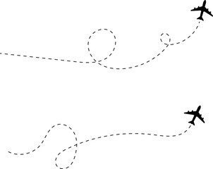 Airplane line path icon of air plane flight route with start point and dash dotted line trace. Love travel route. Airplane routes. Travel icon.