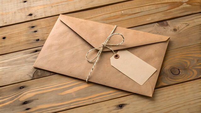Rustic brown paper package tied with twine and a blank tag on a wooden surface