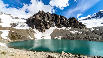 Mountain lake panorama under a partly cloudy sky