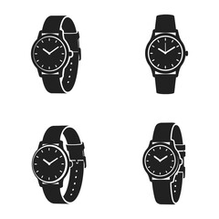 Four Classic Wristwatches in Black and White Vector Illustration Set