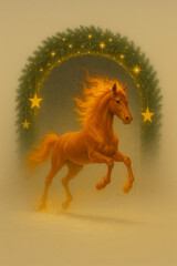 Fantasy Illustration of Fiery Red Horse Galloping through Golden Christmas Arch in Dusty Fog