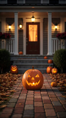 Obraz premium Glowing jack o lanterns light a cobblestone path leading to a dark house on a spooky autumn evening