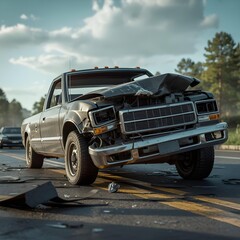 Damaged Pickup Truck on a Roadside Wreckage