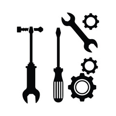 Silhouette of tools including a wrench screwdriver and gears for repair work