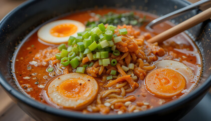 Minimalist Vector Illustration of a Ramen Bowl with Noodles, Chopsticks, and Boiled Egg – Flat Design Japanese Food Art for Print and Web