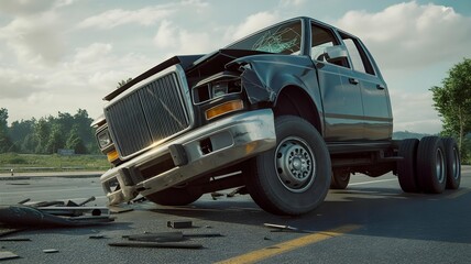 Damaged Pickup Truck on a Roadside Wreckage