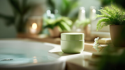  Green Skincare Jar in a Spa Bathroom Setting