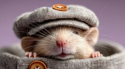 Charming mouse wearing a soft gray linen newsboy cap on pastel lavender background