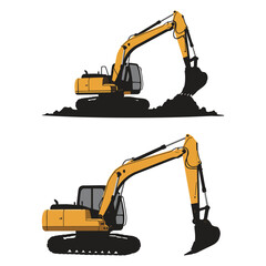 Two Yellow Excavators Digging and Ready to Dig on White Background