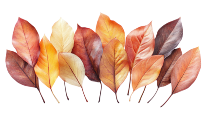 • A group of autumn leaves in warm shades of orange and red, isolated on white background in HD 