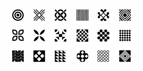 Collection of black and white geometric and abstract graphic design symbols