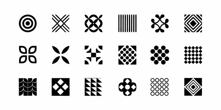 Collection of black and white geometric and abstract graphic design symbols
