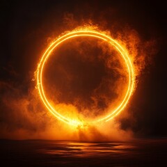 Neon circle frame with smoke cloud, glowing fire ring with orange fog. Illuminated realistic night scene. Futuristic portal concept. Vector illustration.