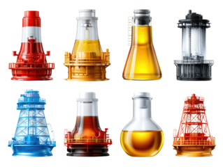 Vibrant Chemical Vessels: An intriguing showcase of meticulously designed glass beakers, each filled with a unique liquid, displaying a symphony of colors and shapes.