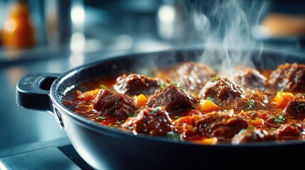 Close-up view of simmering stew in a nonstick braising pan on a modern countertop
