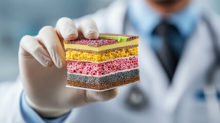 Dermatologist presents detailed skin model showcasing layers and structures of human skin