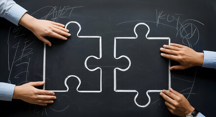 Two Hands Connecting Puzzle Pieces on Chalkboard with Words Partnership, Teamwork, and Problem-Solving Illustrating Collaboration and Business Solutions