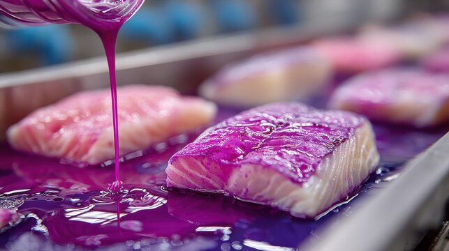 Sodium sulfite solution drips onto cod fillets in a Bergen facility