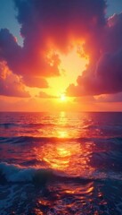 Fototapeta premium A vibrant sunrise over a calm ocean, symbolizing a fresh start and the peaceful resolution of life's challenges Perfect for themes of renewal, hope, and inner peace , clouds, waves, sky