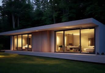 Fototapeta premium Peaceful house in the forest, Far from the city, tree, art, glass, modern design, decoration, decorative, deco, relax, view, dwelling, windows, rustic, comfort, rich, peace, creative, cozy, evening .