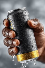 Powerful hand holding a black and gold energy drink, ready for action