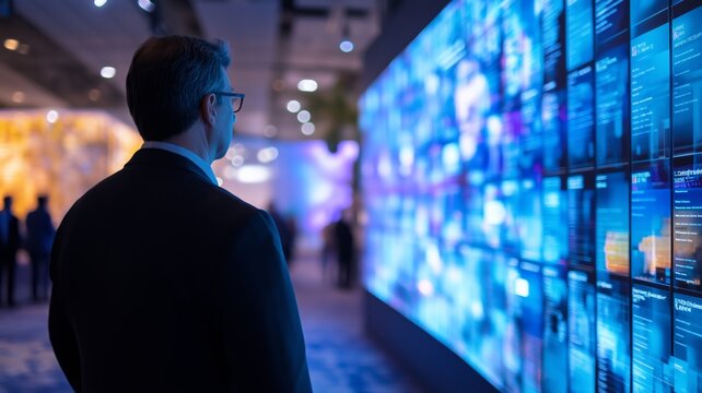 Holographic display showcasing keynote speaker schedule in entrance area for a technology event - Powered by Adobe