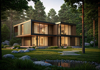 Peaceful house in the forest, Far from the city, tree, art, glass, modern design, decoration, decorative, deco, relax, view, dwelling, windows, rustic, comfort, rich, peace, creative, cozy, evening .