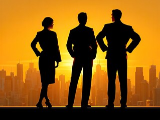Silhouette of Visionaries: A captivating silhouette captures a trio of business professionals against a breathtaking sunset, overlooking a sprawling cityscape, exuding ambition and focus.