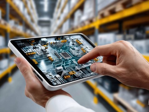 Warehouse Tablet Display: A hand uses a tablet to display a complex circuit board, suggesting technological integration in a large warehouse setting. The shelves are filled with goods.