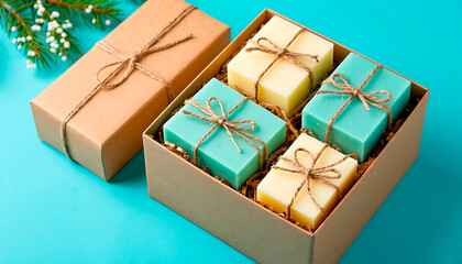 Four colorful handmade soap bars inside a christmas gift box with twine and a fir branch on a turquoise background