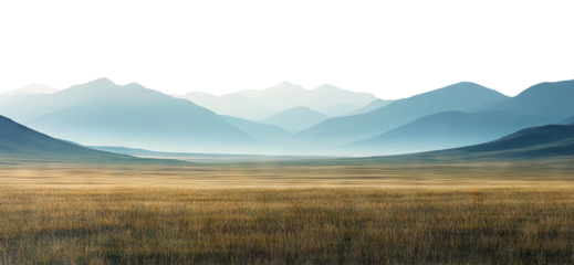 Vast dry grass field with mountain range in distance, isolated on transparent cutout background