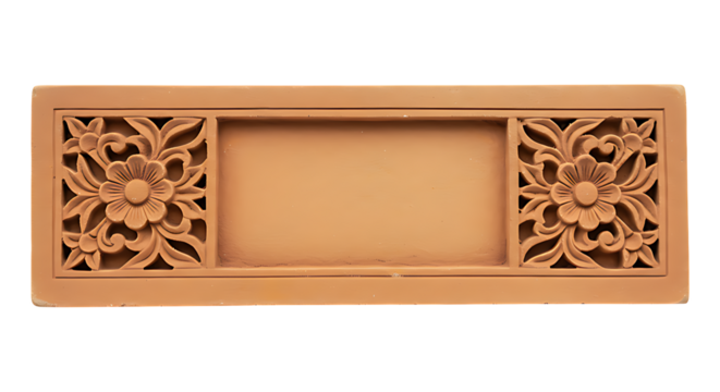 Indian sandstone nameplate with Rajasthani floral carving and rustic texture, isolated front view on transparent background
