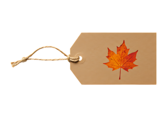 Kraft paper autumn gift tag with leaf design and twine loop, isolated on transparent background