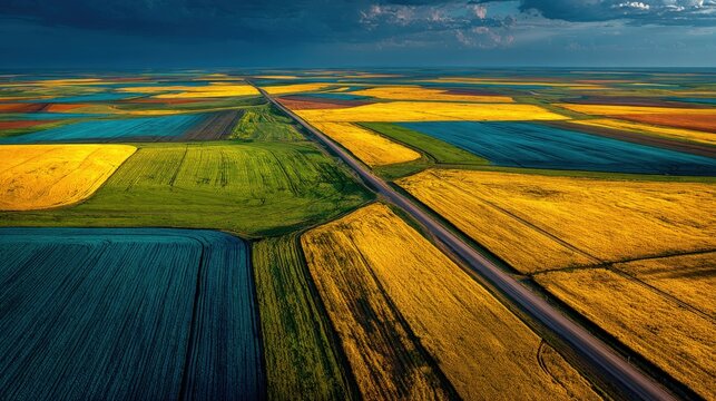 Aerial view of highways cutting through the vibrant Texan panhandle landscape