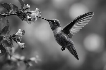 Fototapeta premium Monochrome hummingbird feeding on delicate flower 
