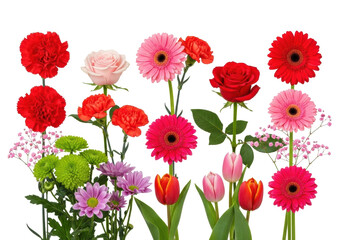 Fototapeta premium A meticulously arranged collection of vibrant, fresh cut flowers including red carnations, pink roses, fuchsia gerbera daisies, green chrysanthemums, red tulips, and pink baby's breath, on a pristine